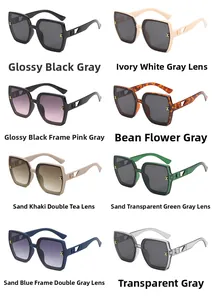 Detail view showing eight color variants of oversized square sunglasses with hollow temples
