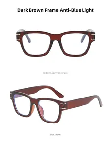 Detailed view of dark brown square glasses frame with silver metal temple decoration