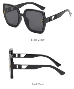 Detail view showing hollowed-out temples and gold metal accents on large frame sunglasses