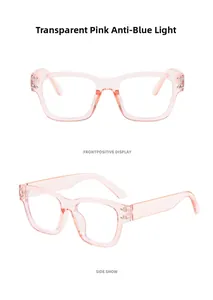 Close-up of transparent pink square frame glasses with anti-blue light lenses for women