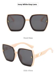 Detailed front and side views of ivory square sunglasses with hollow H temples