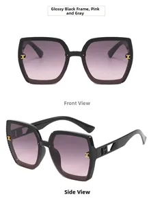 Front and side view of oversized square black sunglasses with pink gradient lenses