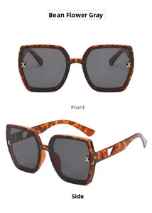 Detailed front and side views of oversized tortoise shell sunglasses with gold metal hinges