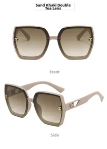 Detailed front and side views of oversized khaki sunglasses with hollow geometric temples