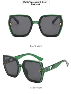 Front and side views of trendy matte green oversized sunglasses with gold metal details