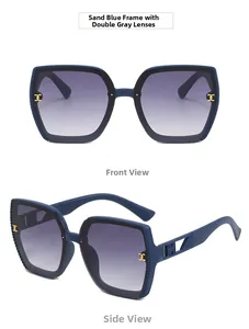 Macro view of matte blue square sunglasses with gray gradient lenses and gold metal accents