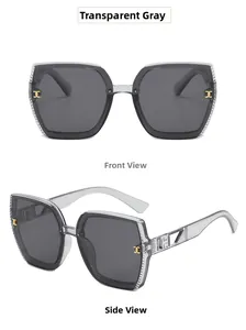 Front and side views of transparent gray oversized sunglasses with crystal edges
