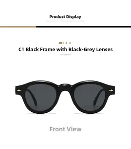 Front view of black retro round sunglasses with silver rivets and grey lenses