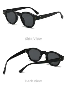 Side and back view of retro round sunglasses with classic metal rivets on black frames