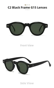 Front and 45-degree angle of retro round black sunglasses with G15 dark green lenses