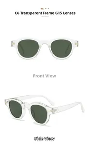 Front and side view of round transparent sunglasses with G15 green lenses and gold rivets