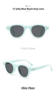 Front and side view of jelly blue round retro sunglasses with dark grey lenses