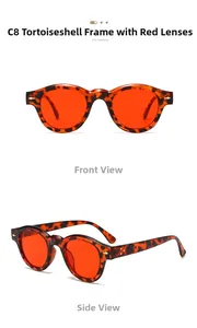 Detail view of round retro sunglasses with tortoiseshell tea frame and red lenses