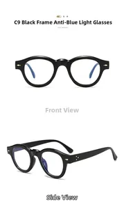 Front and 45-degree angle views of black retro round frame sunglasses with rivet details