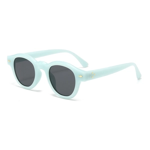 Retro light blue round frame sunglasses with silver rivets and dark grey lenses