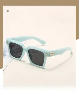Close-up of mint green square polarized sunglasses with golden feather temple detailing