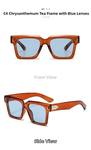Detailed view of square orange-brown tea frame sunglasses with blue lenses and metal accents