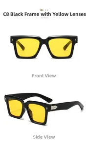 Front and side views of vintage square sunglasses with black frames and yellow lenses