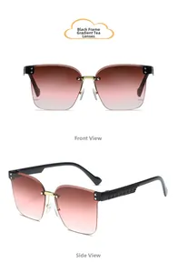 Détail de lunettes de soleil sans monture enfant avec verres dégradés thé et branches noires