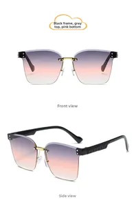 Détail de lunettes de soleil enfant sans monture avec verres dégradés gris-rose et branches tissées