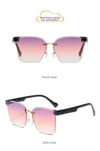 Détail de lunettes de soleil sans monture pour enfants avec dégradé violet et rose et rivets