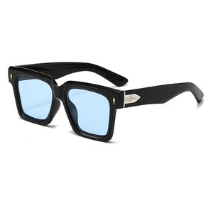 Classic black square sunglasses with light blue lenses and silver arrow metal accents