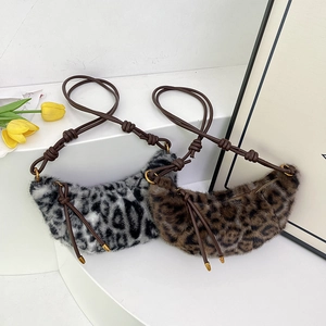 Leopard Print Half Moon Shoulder Bag Faux Fur Plush Underarm Handbag With Knotted Strap Gold Metal Zipper For Women