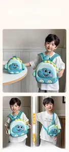 Detail of dinosaur cartoon kid backpack with smooth zippers and breathable shoulder straps