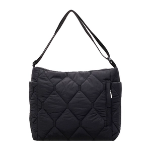 Detail of black quilted nylon tote showing smooth texture and adjustable shoulder strap