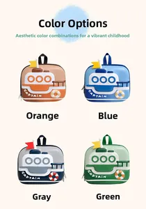 Détail montrant les sacs à dos 3D bateau pour enfants en orange, bleu, gris et vert