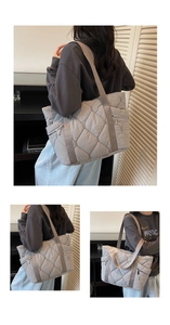 Detailed views of light grey quilted puffer tote bag with side zippers and diamond pattern