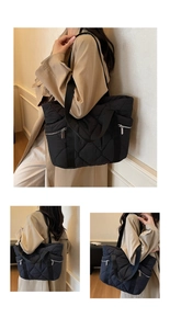 Detail of black quilted tote bag showing dual zipper pockets and nylon rhombic pattern