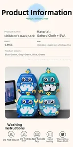 Robot style EVA toddler backpack detail showing four colors and washing instructions