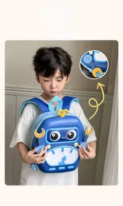 Close-up of a 3D blue robot kids backpack made of EVA hard shell with mechanical details