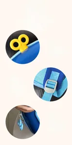 Detail view of cartoon kids backpack featuring adjustable straps and dual blue zippers