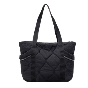 Black large capacity quilted tote bag with rhombus pattern and reinforced straps