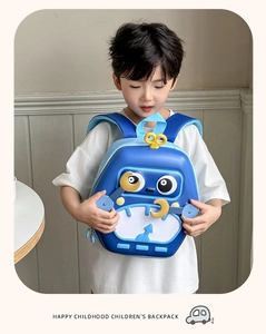 Blue robot eggshell backpack featuring rigid EVA shell for toddlers in daily use