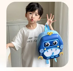 Close-up of lightweight blue EVA robot backpack for toddlers with 3D cartoon design