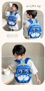 Close-up of robot-themed EVA shell backpack for kids with creative mechanical details