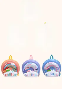 Five colorful EVA rainbow shell backpacks for children shown in various pastel colorways