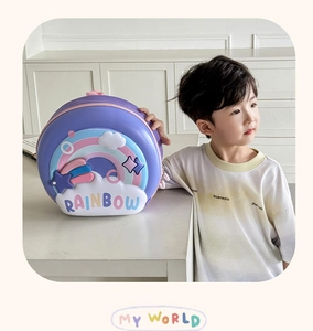 Detail of a purple EVA eggshell toddler backpack featuring 3D rainbow and star designs