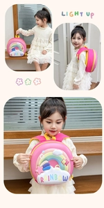 Detailed 3D embossed rainbow and clouds on a pink EVA hard shell kids backpack