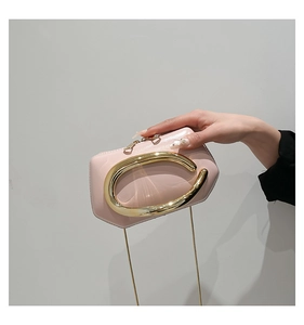 Detail of light pink patent leather mini bag with gold circular metal handle and chain strap