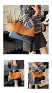 Detail of quilted suede tote with gold-tone twist lock and woven chain strap