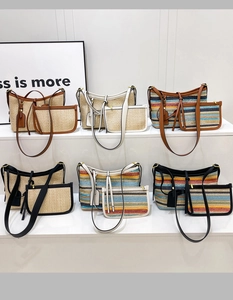 Detailed collection of woven straw shoulder bags in six colors with matching coin purses