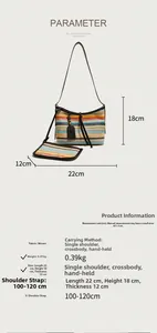 Detailed size specifications for the rainbow striped woven crossbody handbag with straps