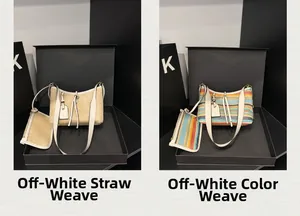Detail of hand-woven straw bags in cream and colorful stripes with leather straps