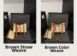 Detail of straw woven bucket bag set in natural and multicolor weave with leather straps