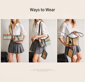 Detailed views of handmade woven rainbow striped bags with leather straps and tassels