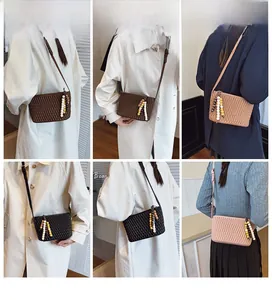 Multiple views of pleated crossbody bags with wooden bead charms in six stylish colors